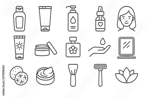 Shampoo bottle, gel tube, skincare and beauty outline icons collection, minimalistic linear pictogram set for web design, apps, banners, social media, cosmetics, facial care, lotion