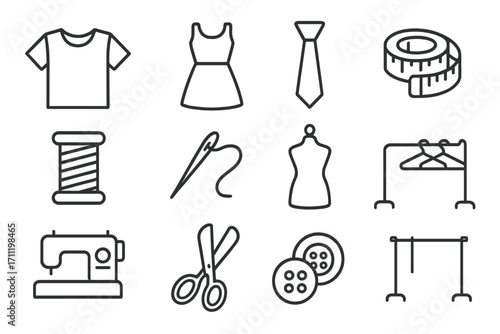 Sewing and garment icons collection. Modern linear design set for fashion, tailoring, clothing, dressmaking, measuring tape, sewing machine, scissors, buttons, garment rack for apps, websites, cards