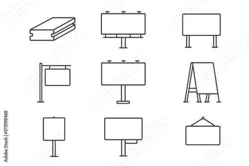 Sandwich panel, billboard, signboard line icon set, editable stroke vector pack, minimalistic linear pictograms for design, cards, apps, banners, social media posts