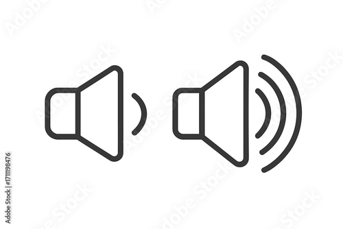 Speaker volume control icon set. Sound on, off, and mute button symbols. Linear style vector illustration for user interface design, web, and mobile applications.