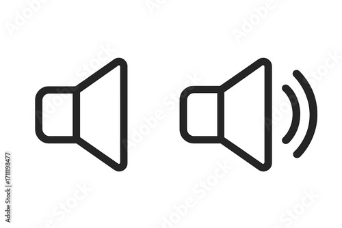 Speaker volume icon set. Sound on and off, mute and unmute audio button symbols. Simple line art design for web, ui, app. Megaphone pictogram. Listen music concept.