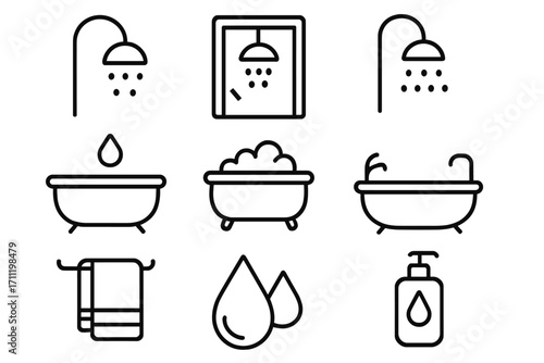 Shower and bathtub bundle line icons set, bathroom related outline symbols and signs for graphic design, web apps, adverts, hygiene concept, spa and wellness vector illustration