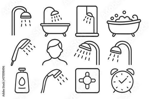 Shower and Bathtub Icon Set, Bathroom Hygiene Symbols, Line Art Signs for Web, Apps, Adverts, Cleanliness, Personal Care, Water Flow, Soap Bottle, Alarm Clock
