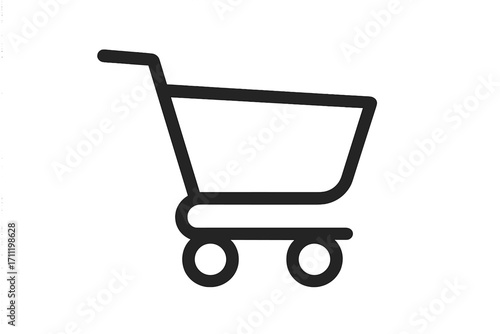 Minimalist shopping cart vector icon. Linear style trolley for online shopping and e-commerce websites. Add to basket button. Market, sale, retail, and consumerism symbol.