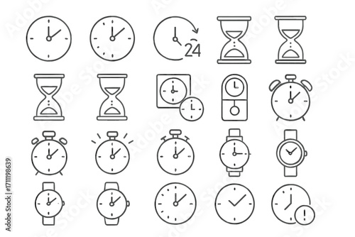 Time and Clock Icon Set, Watch and Hourglass Vector Pack, Editable Thin Line Stroke, Perfect for Web, Apps, Books, Cards, Time Management, Stopwatch, Timer, Alarm Symbols