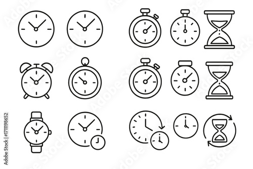 Time icons pack with clock, watch, stopwatch, alarm clock, hourglass, countdown timer, editable stroke vector illustration perfect for web, apps, books, cards