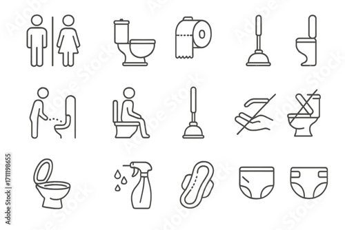Toilet and Bathroom Thin Line Icons Bundle with Editable Stroke, Vector Set for Web, Apps, Print, Hygiene and Cleaning Signs, Transparent Background, Cartoon Style
