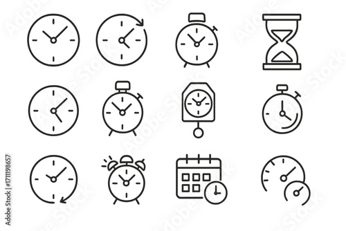 Thin line time icons pack with clocks, watches, hourglass, stopwatch, calendar, speedometer, editable stroke, vector cartoon illustrations for apps, web, books, cards