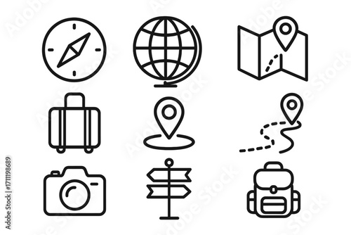 Travel and journey icons set, compass globe map suitcase camera backpack location pin route path signpost navigation vector illustration, outline line art for graphic design apps