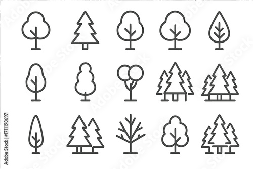 Modern tree and forest line icon pack, linear vector graphics with deciduous and coniferous trees, simplified nature symbols for design, web, apps, cards, and cartoon style