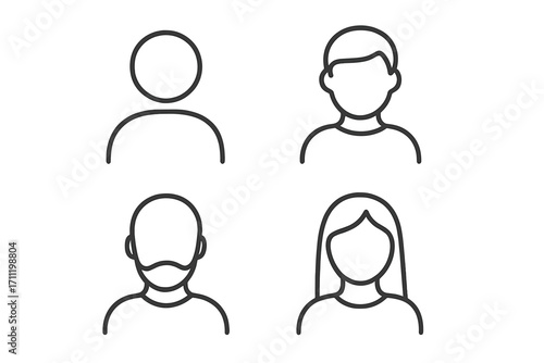 User avatar profile icon set. Thin line people symbols for web design, apps, UI UX. Male, female, person with beard. Simple character headshot & bust placeholder.