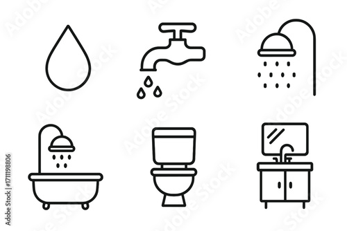 Water and Bathroom Outline Icons Collection, Simple Linear Style, Editable Stroke. Vector Set of Shower, Tub, Faucet, Toilet, Sink Symbols. Ideal for Websites, Apps, Cards.