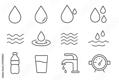 Simple isolated water drop line icons collection with editable stroke, including water waves, drops, bottle, glass, faucet, and gauge, vector cartoon illustration for web, apps, books, cards