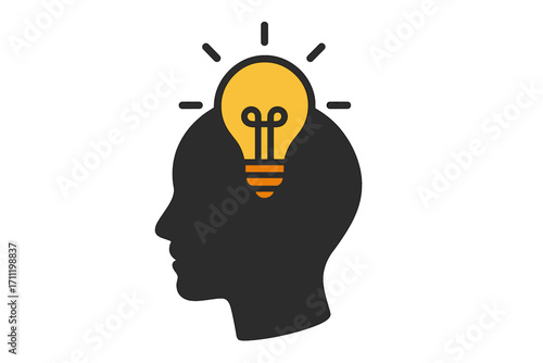 Human head silhouette with glowing light bulb icon symbolizing creativity, idea generation, innovation, thinking process, insight, brain power, intelligence concept vector cartoon illustration
