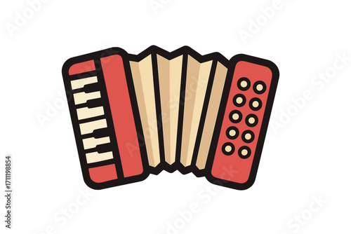 Accordion icon for music. Vector cartoon illustration of a red classic squeezebox instrument with bellows and keyboard. Folk music equipment symbol. Sound and melody concept.
