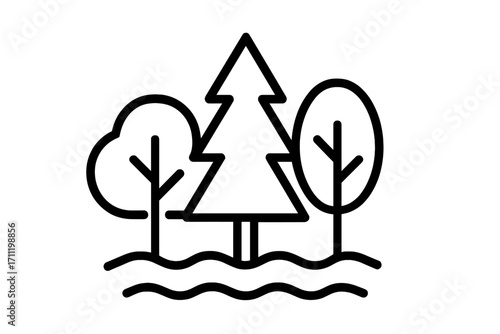 Line art forest trees icon with pine, oak, and deciduous trees silhouette, nature landscape illustration for graphic design, websites, cards, books, and articles, vector transparent background