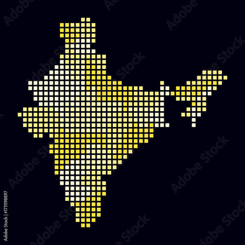 India dotted map. Digital style map of the country on dark background. India shape with square dots. Colored dots style. Large size squares. Plain vector illustration.