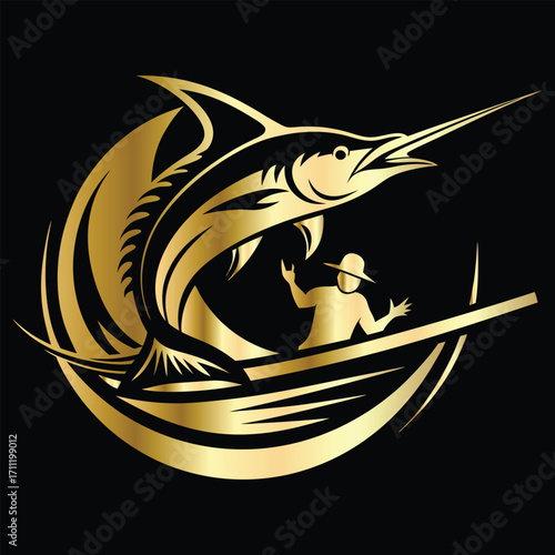 Golden Marlin Fish Logo Design – Luxury Sailfish Vector Emblem for Sport Fishing, Seafood Branding, Ocean Adventure Badge, Premium Fisherman Club Icon, Stylish Golden Logo Illustration.
