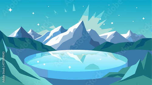 A sparkling alpine lake its waters dancing in the sunlight surrounded by a natural amphitheater of peaks.