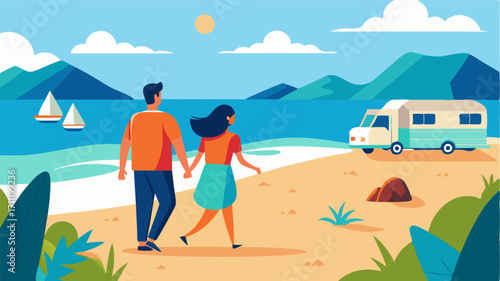 A young couple strolling hand in hand along the shoreline stopping to pick up seashells and admire the stunning view of the caravan park.