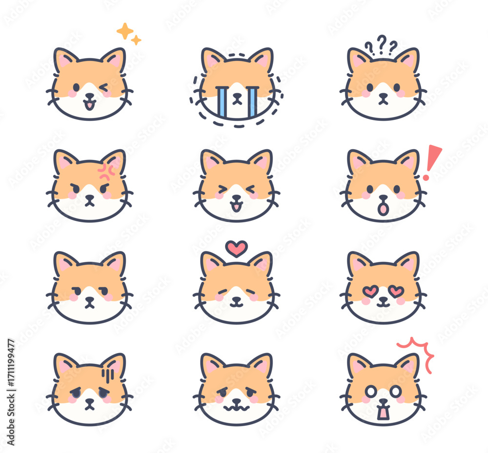 Fototapeta premium Orange Cat Emoji Icons 12 Emotions Cute Cartoon Kitten Faces