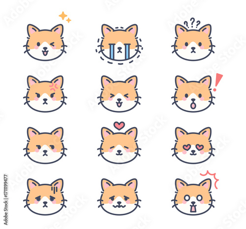 Orange Cat Emoji Icons 12 Emotions Cute Cartoon Kitten Faces