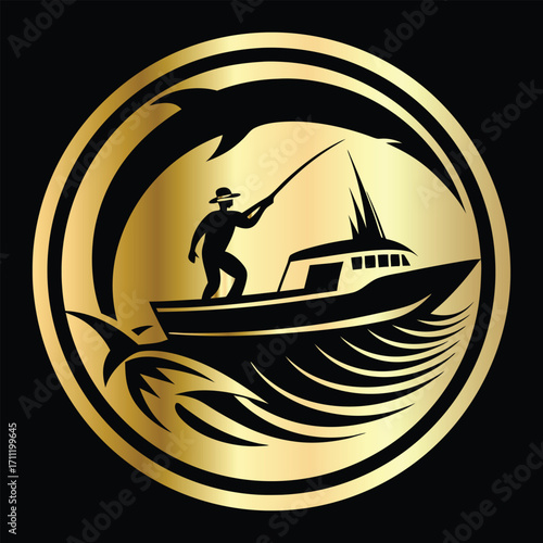 Golden Marlin Fish Logo Design – Luxury Sailfish Vector Emblem for Sport Fishing, Seafood Branding, Ocean Adventure Badge, Premium Fisherman Club Icon, Stylish Golden Logo Illustration.
