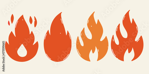 Collection of stylized flat design flames in various shades of orange and red on a cream background