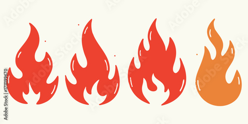 Set of stylized cartoon flames in red and orange on a light background