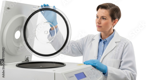 A female scientist in a lab coat and blue gloves opens a centrifuge lid, isolated on transparent background