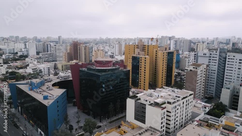 Aerial view of San Isidro financial district in Lima, Peru on a cloudy September day.