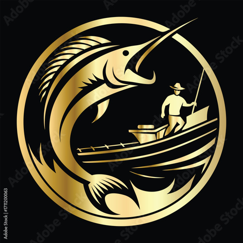 Golden Marlin Fish Logo Design – Luxury Sailfish Vector Emblem for Sport Fishing, Seafood Branding, Ocean Adventure Badge, Premium Fisherman Club Icon, Stylish Golden Logo Illustration.
