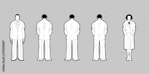 Minimalist line art illustration of five people standing in a row wearing suits and coats