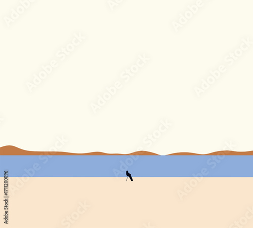 Man lean over walking cane on the sand summer beach. Seashore nature mountain sea view.  