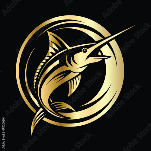 Golden Marlin Fish Logo Design – Luxury Sailfish Vector Emblem for Sport Fishing, Seafood Branding, Ocean Adventure Badge, Premium Fisherman Club Icon, Stylish Golden Logo Illustration.

