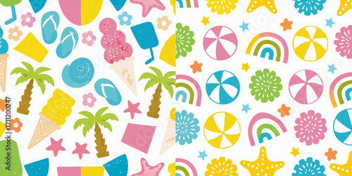 Vibrant summer beach vacation pattern with palm trees ice cream flip flops and beach balls