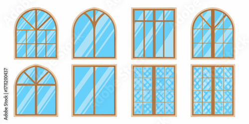 Collection of diverse architectural windows with wooden frames and clear blue glass panes