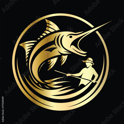 Golden Marlin Fish Logo Design – Luxury Sailfish Vector Emblem for Sport Fishing, Seafood Branding, Ocean Adventure Badge, Premium Fisherman Club Icon, Stylish Golden Logo Illustration.
