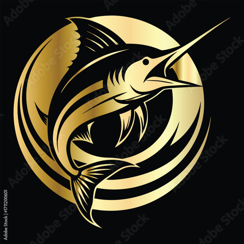 Golden Marlin Fish Logo Design – Luxury Sailfish Vector Emblem for Sport Fishing, Seafood Branding, Ocean Adventure Badge, Premium Fisherman Club Icon, Stylish Golden Logo Illustration.
