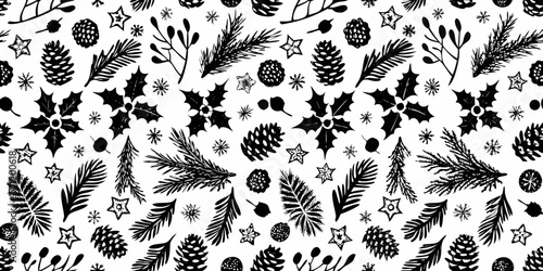 Hand drawn black and white christmas pattern with pine cones holly berries and snowflakes