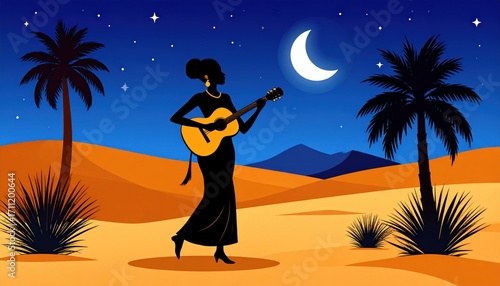 Wallpaper Mural Silhouette of a Woman Playing Guitar in a Desert at Night Torontodigital.ca