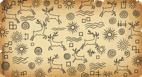 Ancient Deer and Sun Symbols on a Vintage Background