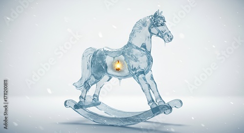 Elegant ice rocking horse sculpture stands serenely amidst softly falling snow with a candle within.