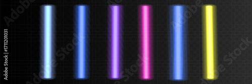 Pink neon tube lamp set. Glowing led light line beam collection. Bright luminous fluorescent bar stick lines.