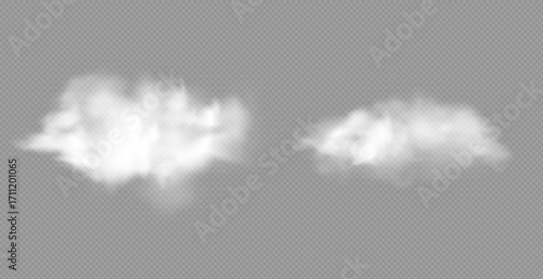 Realistic white fluffy clouds with fog or light smoke effect on a transparent background. Misty atmosphere element for overlaying on images, dramatic scenes or weather visual effects.