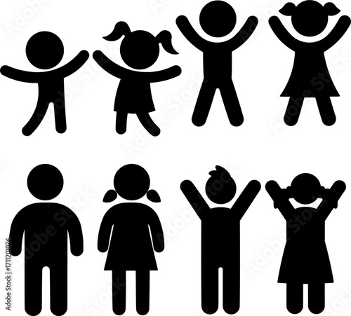 Set of Cheerful Stick Figure Kids and Children Icons