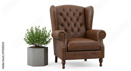 Distressed brown leather wingback chair shown with a small potted green plant, isolated on white.