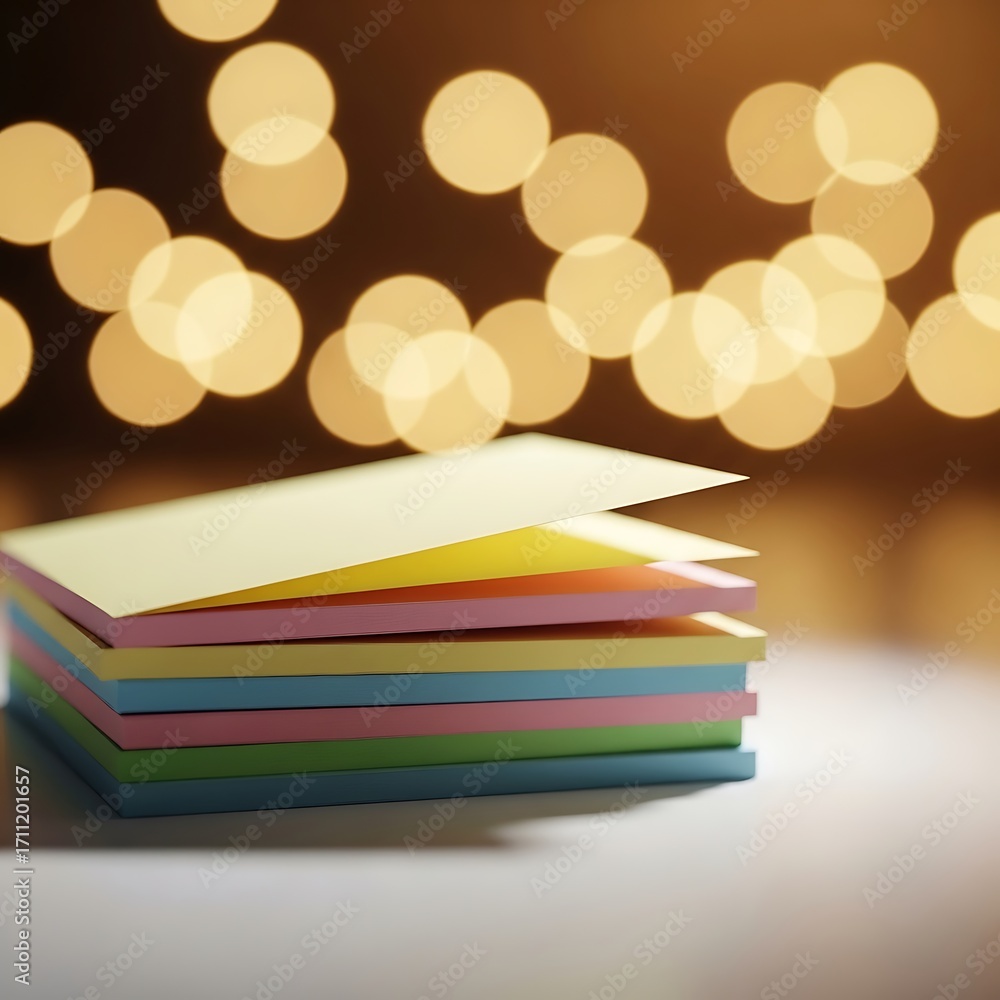 Fototapeta premium Colorful stack of sticky notes on a table with blurred golden bokeh