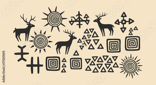 Ancient Rock Art Depicting Deer, Suns, and Symbolic Shapes