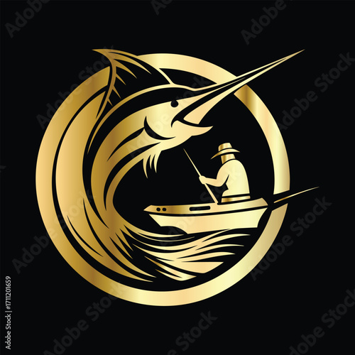 Golden Marlin Fish Logo Design – Luxury Sailfish Vector Emblem for Sport Fishing, Seafood Branding, Ocean Adventure Badge, Premium Fisherman Club Icon, Stylish Golden Logo Illustration.
